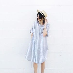 ROOLEE ruffle sleeve striped midi dress in gray